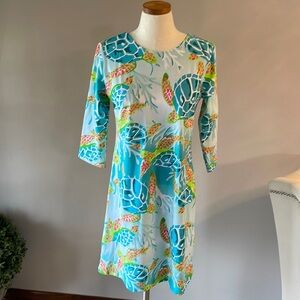 NWOT ANA CLARE women’s sea turtle print shift dress 3/4 sleeve summer beach Med